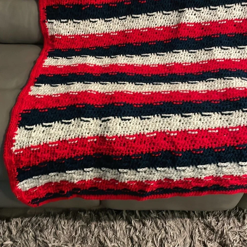 Large oversized grandma hand knitted Roseanne style, afghan-patriotic colors
